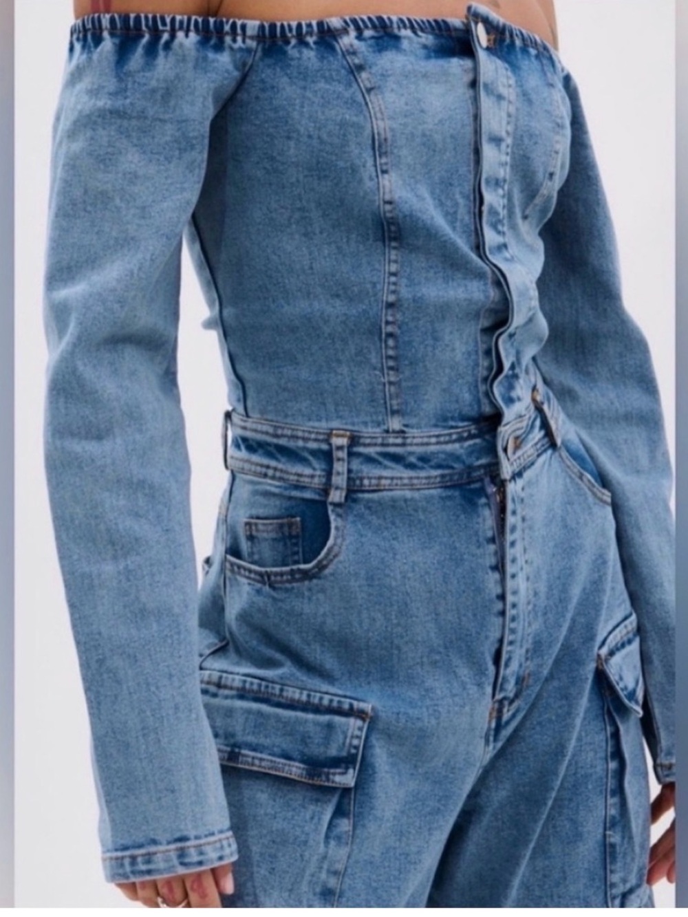 AKIRA Off-Shoulder Denim Cargo Jumpsuit in Medium Blue - Picture 5 of 8